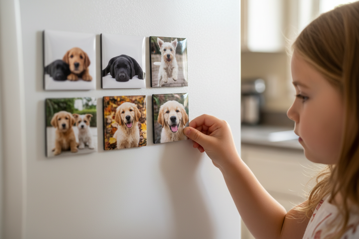 2x2 fridge photo magnets of dogs and puppies and girl putting it on the fridge
