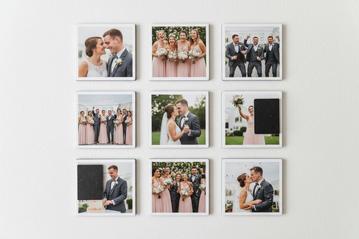 9 2x2 photo fridge magnets of bride and groom bridal party 